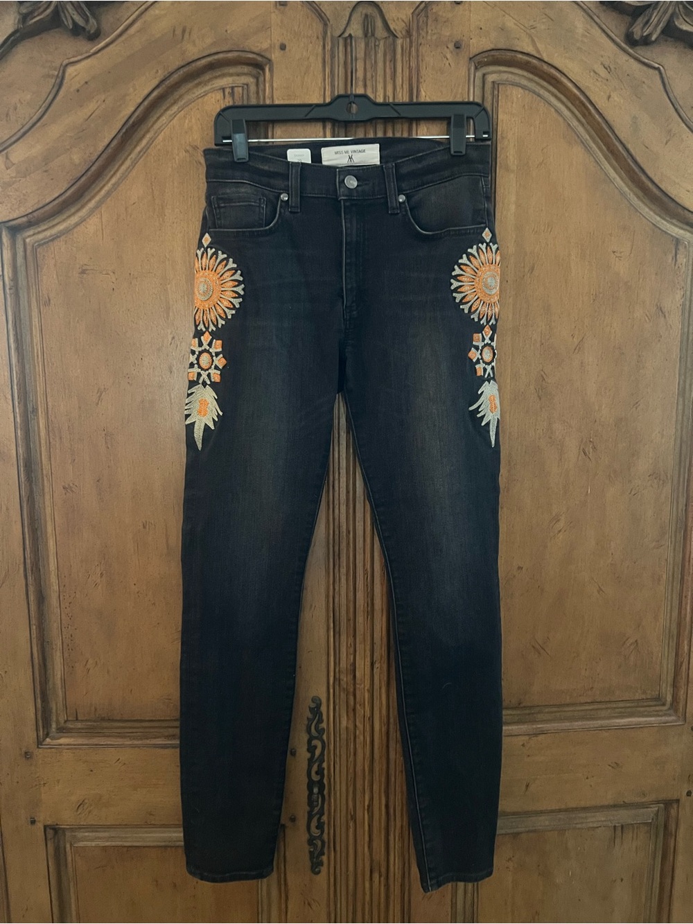Miss Me Black Skinny Jeans with Orange Floral Embroidery